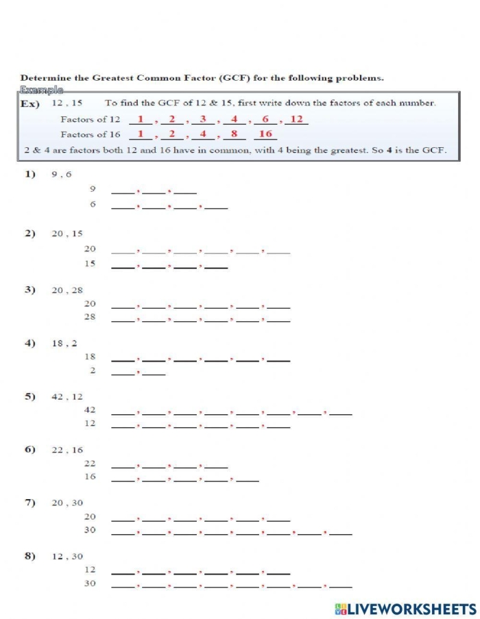 Worksheet depicting factor rainbows for finding the greatest common factor of two numbers