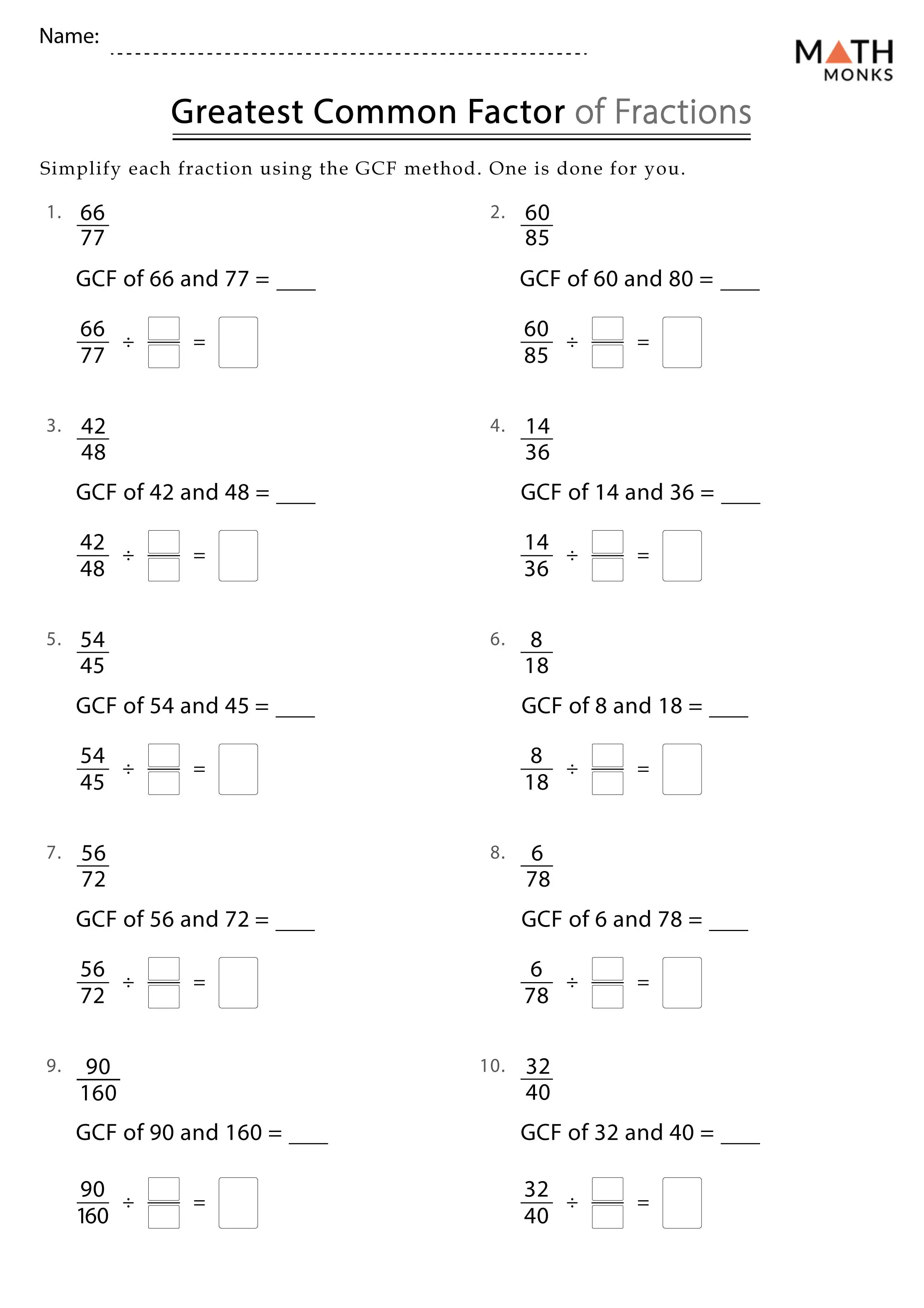 Worksheet for finding the greatest common factor using factor rainbows for sixth graders