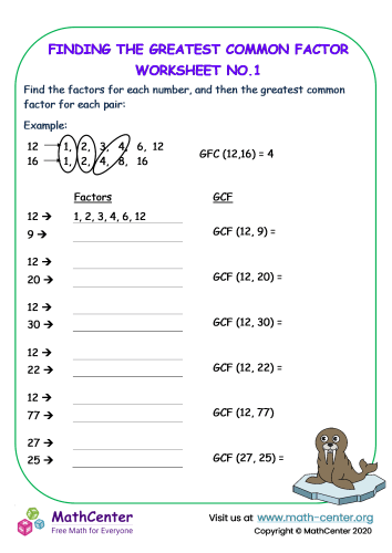 Worksheet illustrating factor rainbows for finding the greatest common factor of two numbers. Educational resource for sixth-grade phonics on GCF techniques.