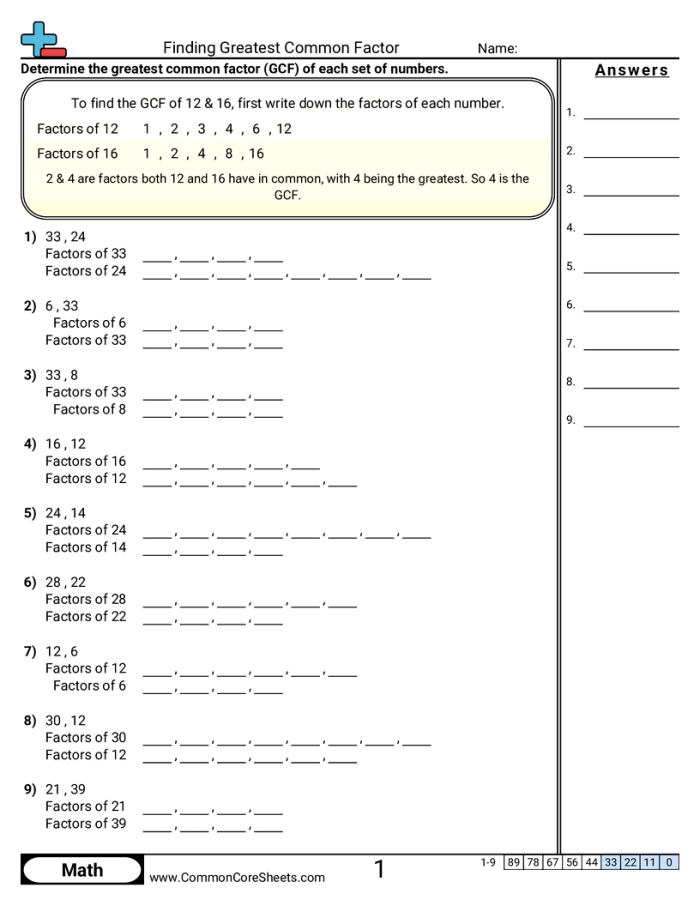 Worksheet displaying factor rainbows for finding the greatest common factor of two numbers. Educational resource for sixth grade math students focused on GCF concepts.