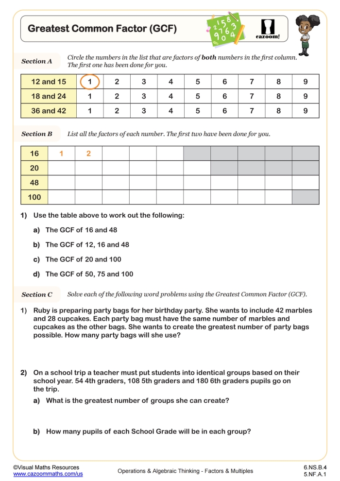 Greatest Common Factor worksheet featuring factor rainbows to help sixth graders learn GCF