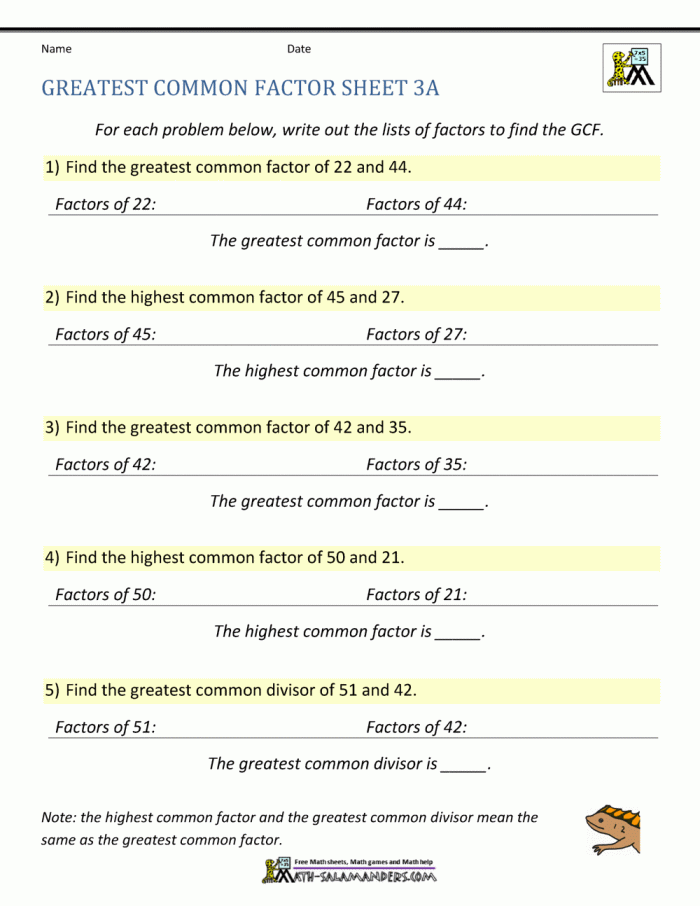 Worksheet illustrating factor rainbows to determine the greatest common factor for two numbers