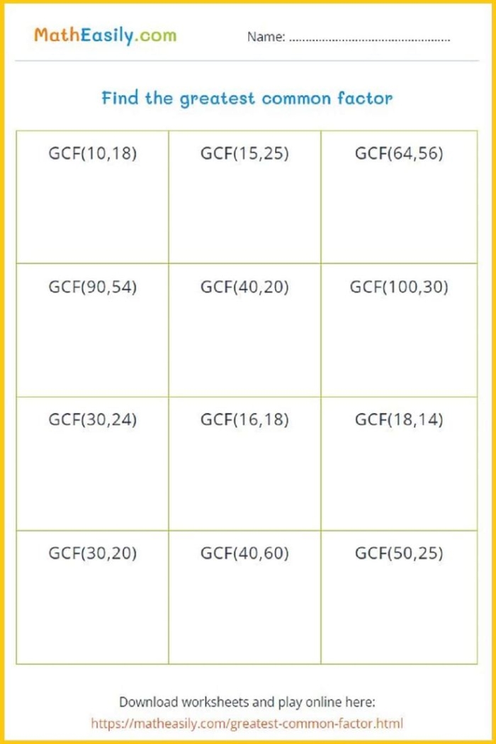 Worksheet illustrating factor rainbows to determine the greatest common factor for two numbers