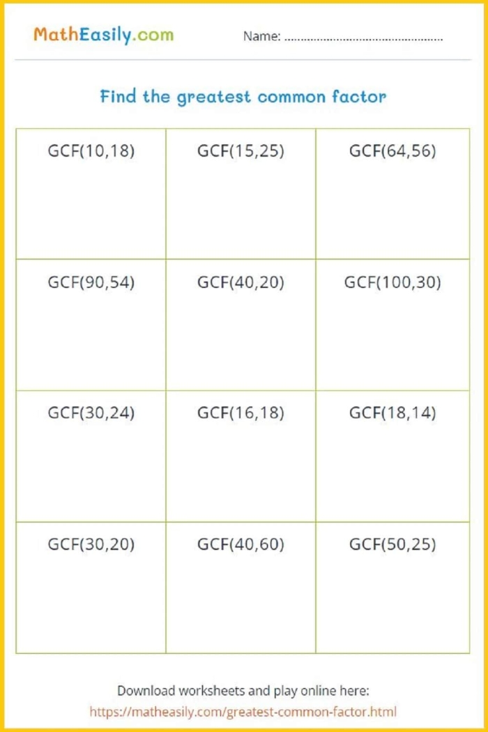 Worksheet illustrating factor rainbows for finding the greatest common factor of two numbers. Educational resource for sixth-grade students on greatest common factors.