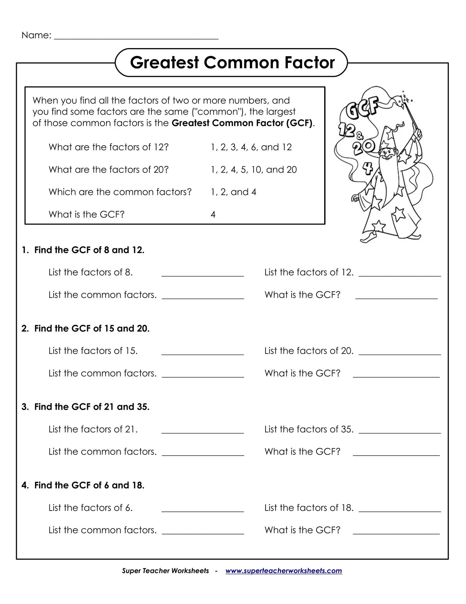 Worksheet demonstrating the use of factor rainbows to identify the greatest common factor for sixth-grade students. Educational image for a Greatest Common Factor worksheet aimed at enhancing math skills.
