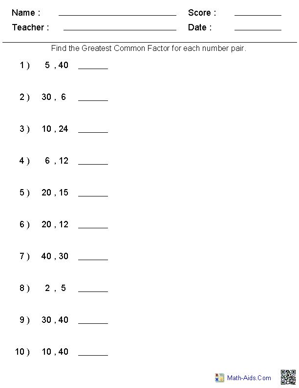 Worksheet for finding the greatest common factor using factor rainbows for sixth graders