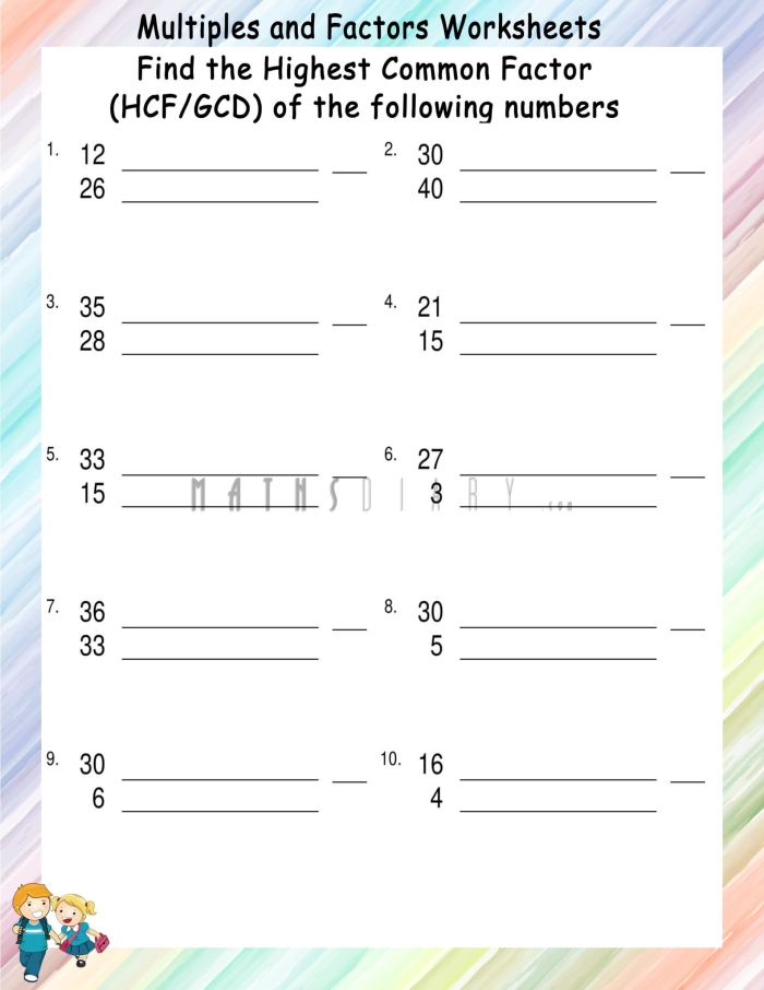 Worksheet demonstrating how to use factor rainbows to find the greatest common factor of two numbers for sixth graders
