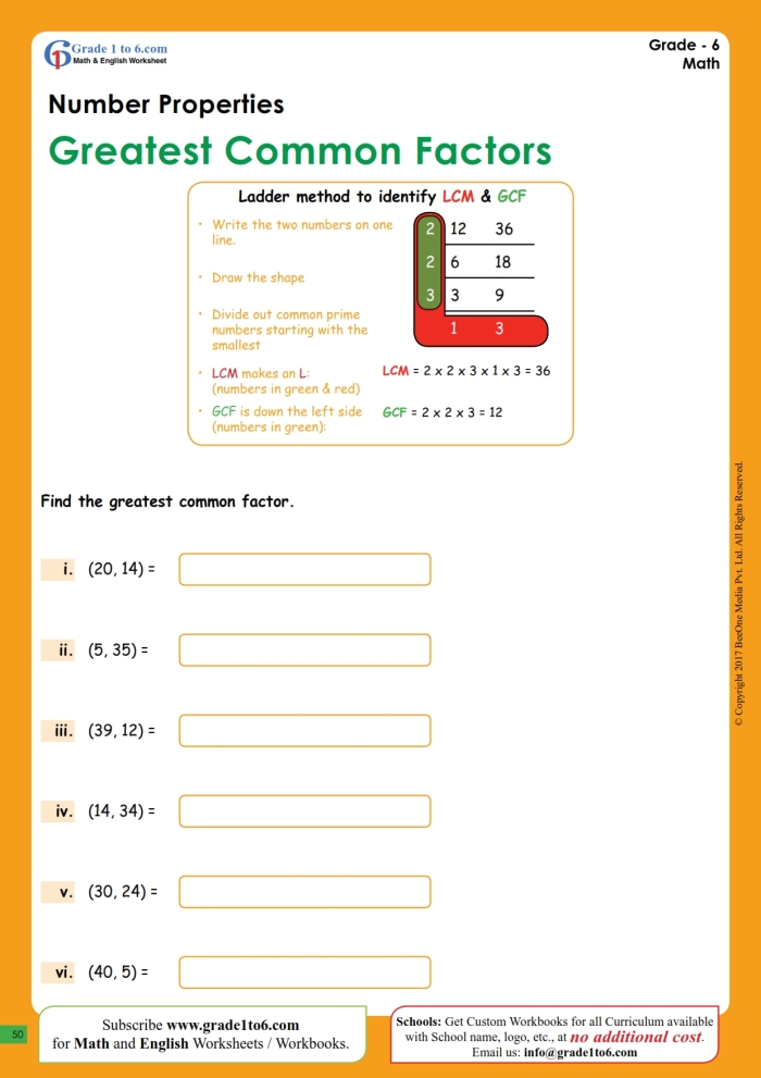 Worksheet illustrating factor rainbows to determine the greatest common factor for sixth graders. Educational resource for teaching GCF using visual aids.