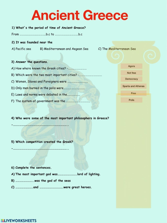 Sixth grade history worksheet detailing the four distinct forms of ancient Greek government