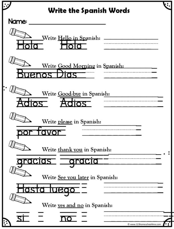 Spanish greetings worksheet for fourth graders featuring key phrases like hello and goodbye