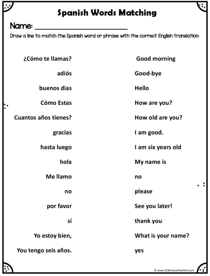 Worksheet featuring common Spanish greetings for fourth graders