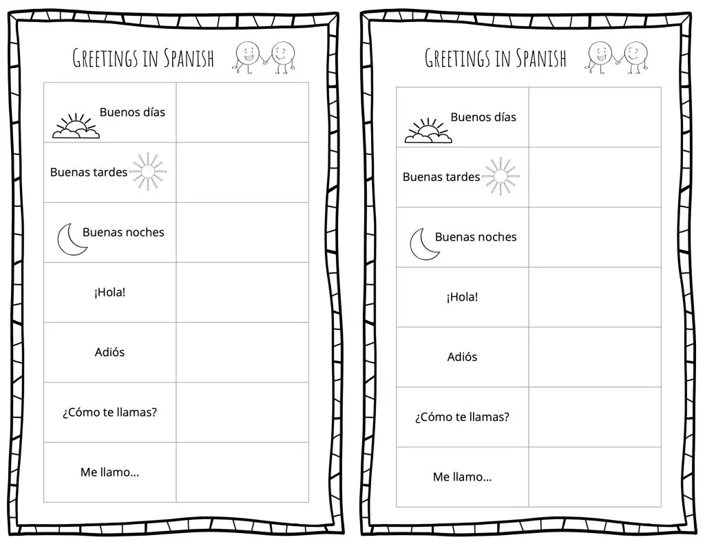 Colorful worksheet featuring greetings in Spanish for young learners