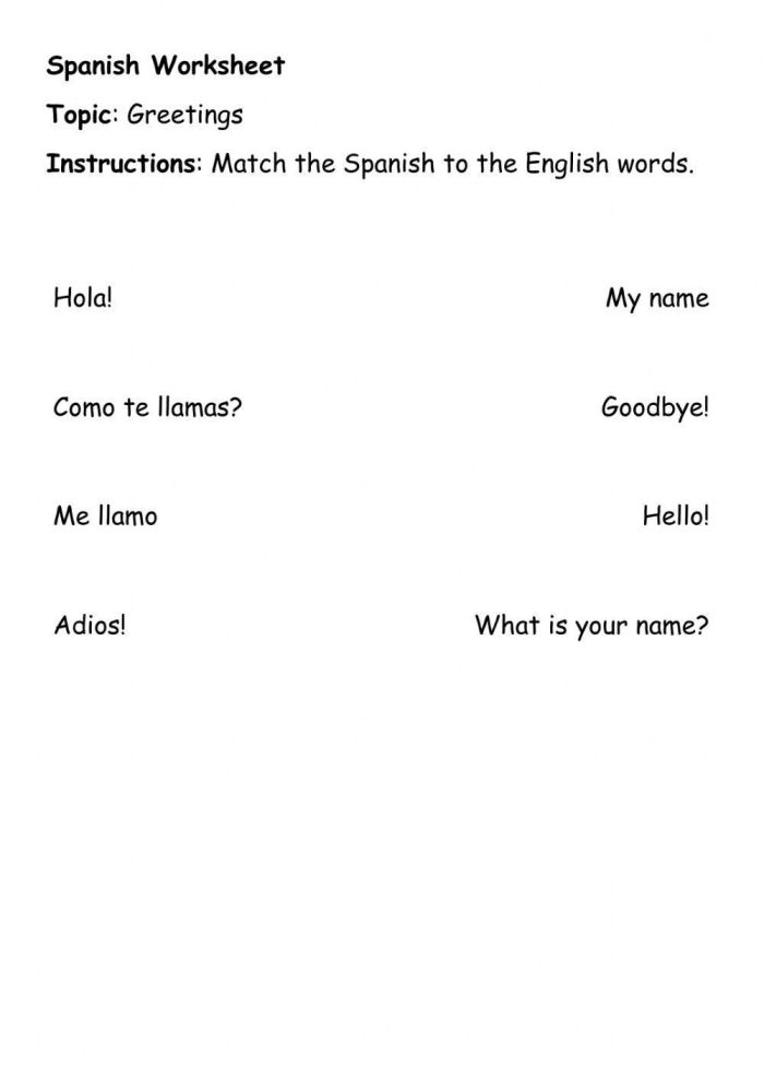 Greetings in Spanish worksheet featuring vocabulary for common phrases like hello and goodbye