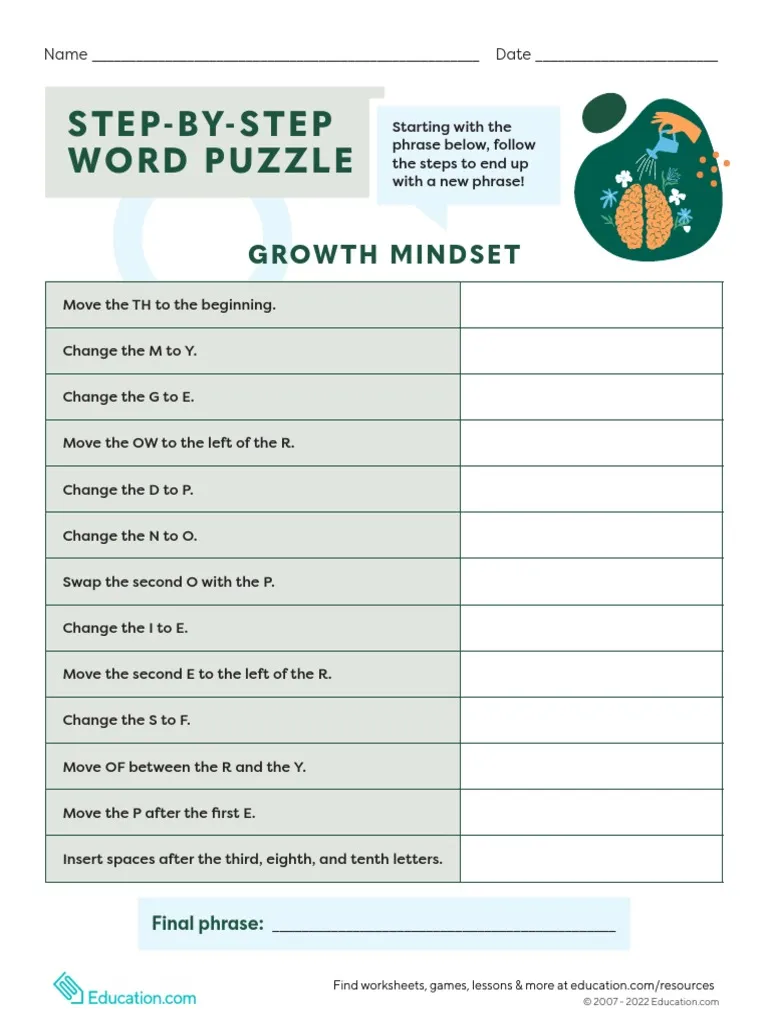 Engaging activity for students to learn about the power of yet through word puzzles Step-by-Step Word Puzzle worksheet for third graders focusing on growth mindset and SEL skills