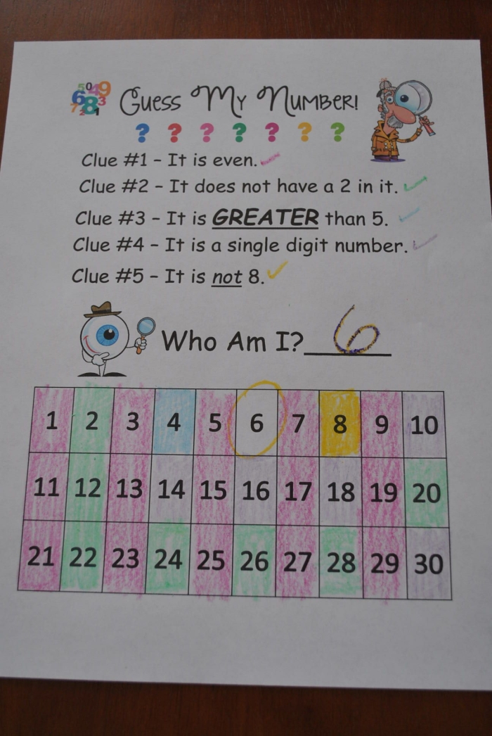 Guess My Number Math Riddle Activity for Elementary Students Fourth grade students solving a number riddle by following clues on a math worksheet