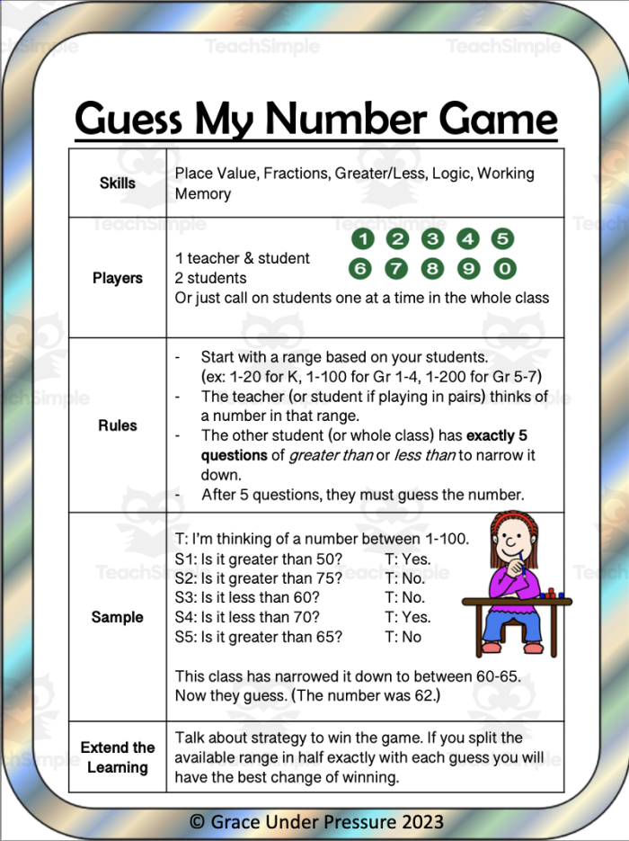 Math riddle activity sheet for elementary students learning number sense skills Fourth grade students solving a number riddle by following clues on a guess my number worksheet