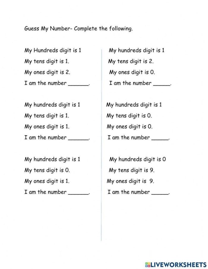 Guess My Number Worksheet for Grade Four Math Practice 23 Fourth grade students using clues to solve a math riddle on a Guess My Number worksheet