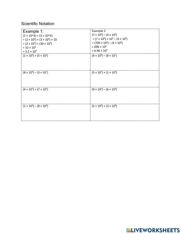 Scientific Notation Addition and Subtraction Practice Worksheet Ten Eighth grade math students practicing addition and subtraction of scientific notation values using a guided instructional worksheet