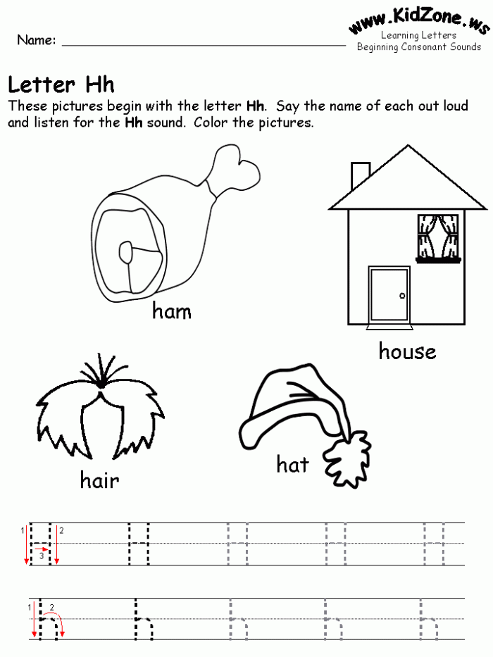 Worksheet featuring items that begin with the letter H for pre-K phonics practice