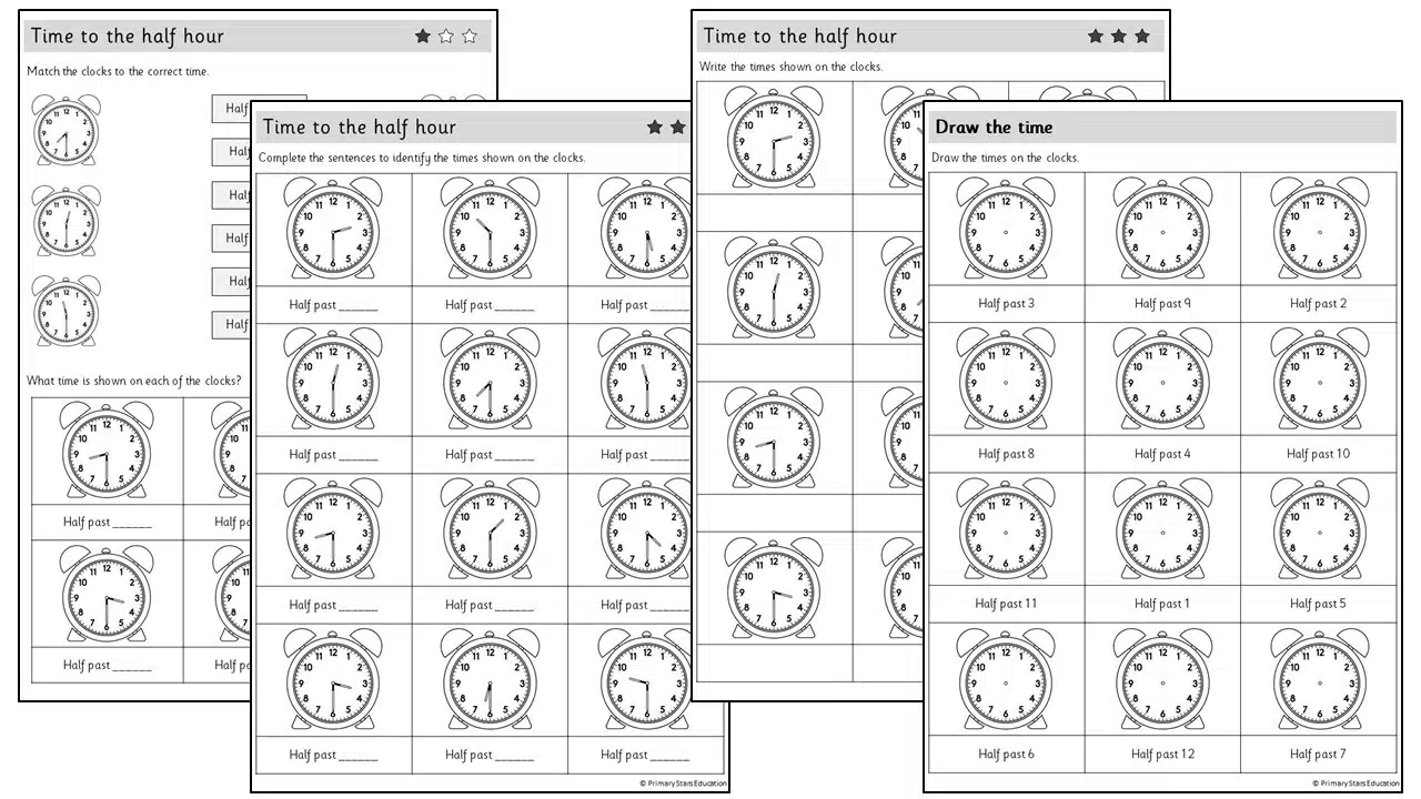 Half Hour Match-Up worksheet designed for first graders to practice telling time