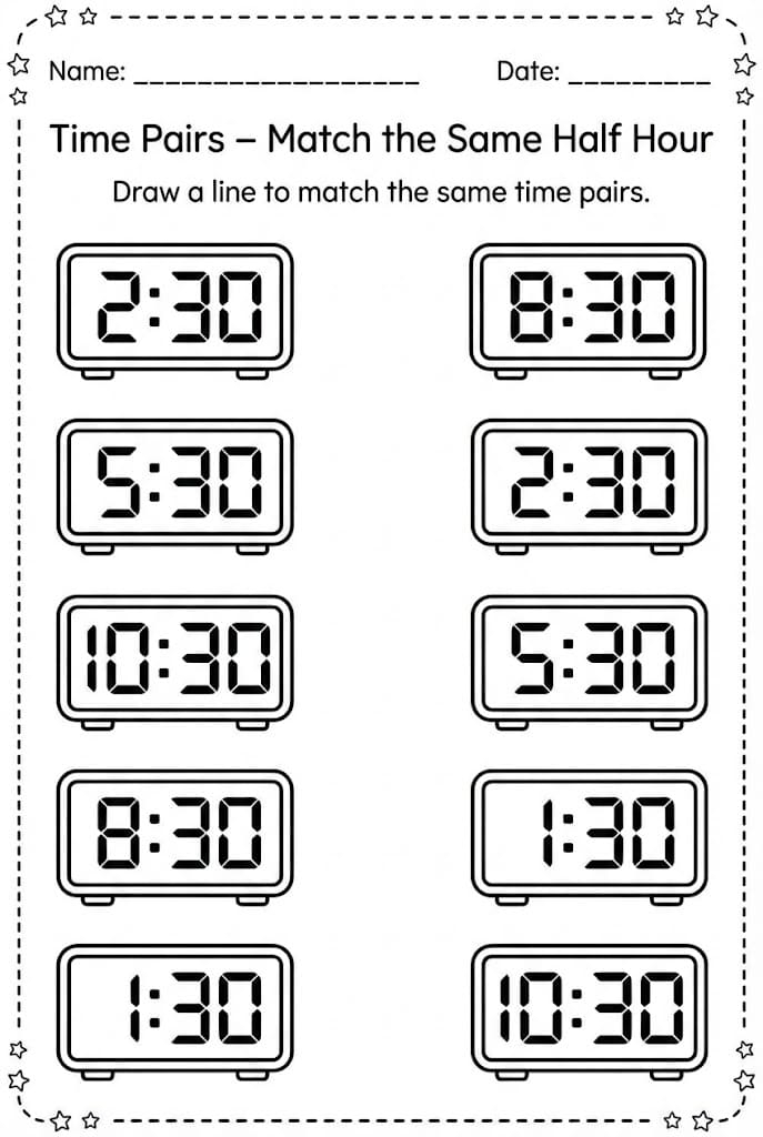 Half Hour Match-Up worksheet for first graders to practice telling time