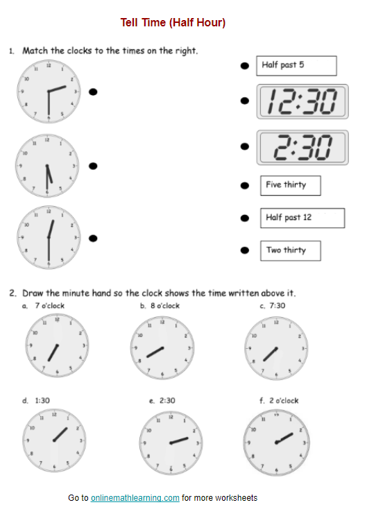 Half Hour Match-Up worksheet for first graders to practice telling time