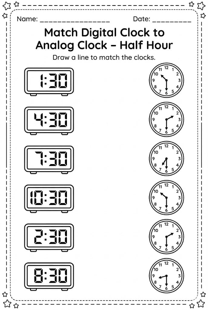 First grade student worksheet for matching analog clocks to the correct half hour time labels