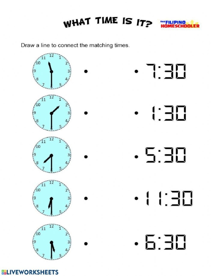 Half Hour Match-Up worksheet for first graders to practice telling time