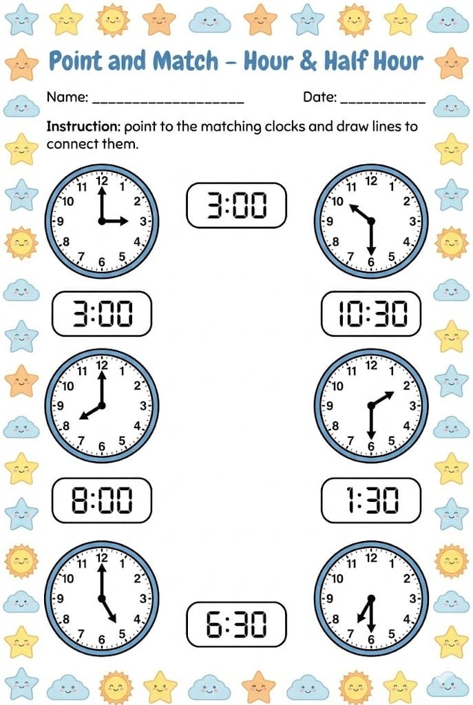 First grade student practicing time to the half hour on a matching activity worksheet 18