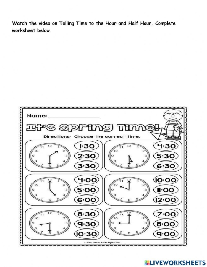 Telling Time: On the Half Hour Worksheet for Grade 2 Worksheet designed for second graders to practice telling time on the half hour