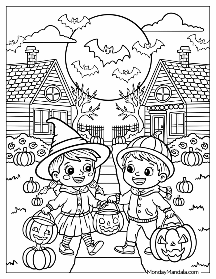 Kindergarten students coloring a Halloween pumpkin patch scene featuring a princess and ninja costume
