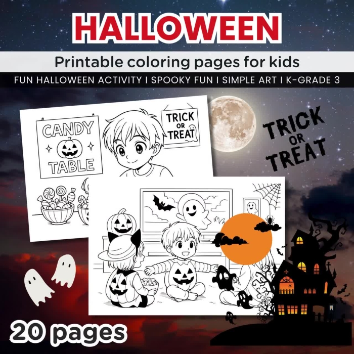 Kindergarten students coloring a princess and ninja in a pumpkin patch for a Halloween Night coloring page