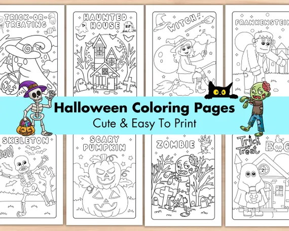 Kindergarten coloring worksheet featuring a child dressed as a princess and another as a ninja standing in a pumpkin patch for Halloween