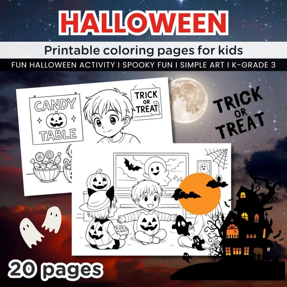 Kindergarten student coloring a princess and ninja in a pumpkin patch for a Halloween Night Coloring Page worksheet