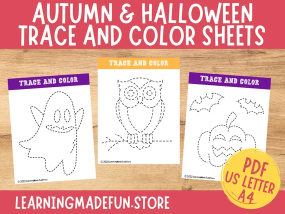 Colorful Halloween owls worksheet for kids, perfect for sparking creativity in young animal lovers. Fun and engaging Halloween-themed activity sheet for Pre-K students.