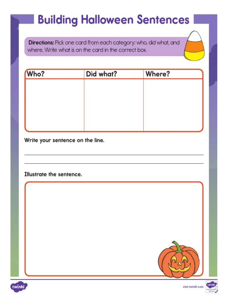 Kindergarten student completing a Halloween-themed sentence building worksheet with spooky picture clues