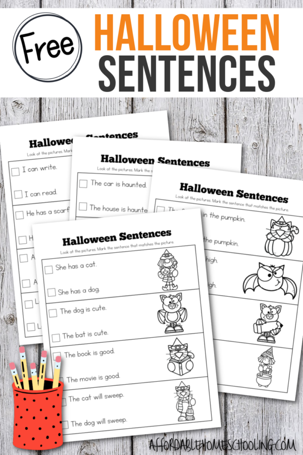 Halloween-themed worksheet for kindergarten students to complete sentences with picture clues.