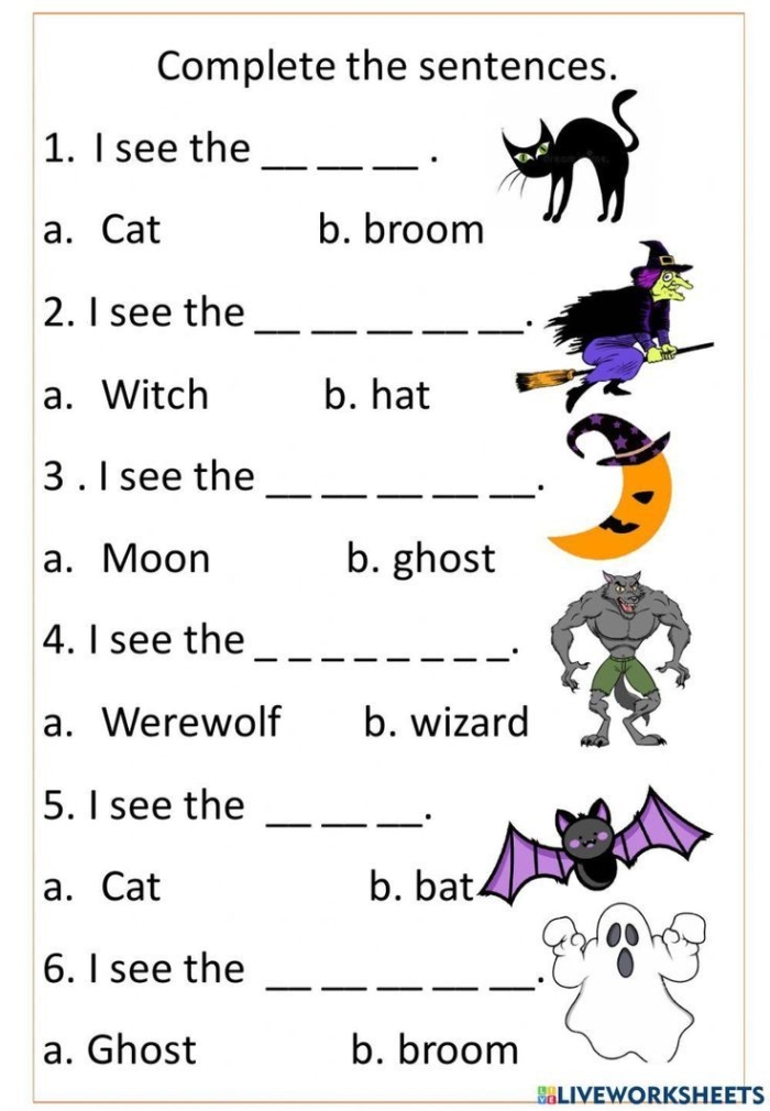 Colorful Halloween-themed worksheet for finishing sentences aimed at kindergarten students