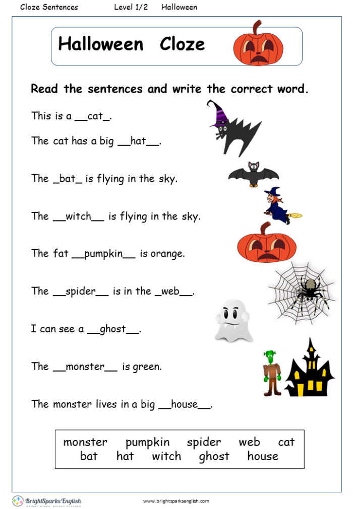 Fun Halloween-themed worksheet for finishing sentences with picture clues for kindergarten students