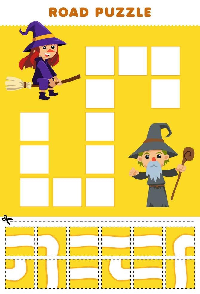 Halloween witch decoration worksheet for kindergarten students to cut and paste. Fun activity to enhance creativity and learn about Halloween traditions.
