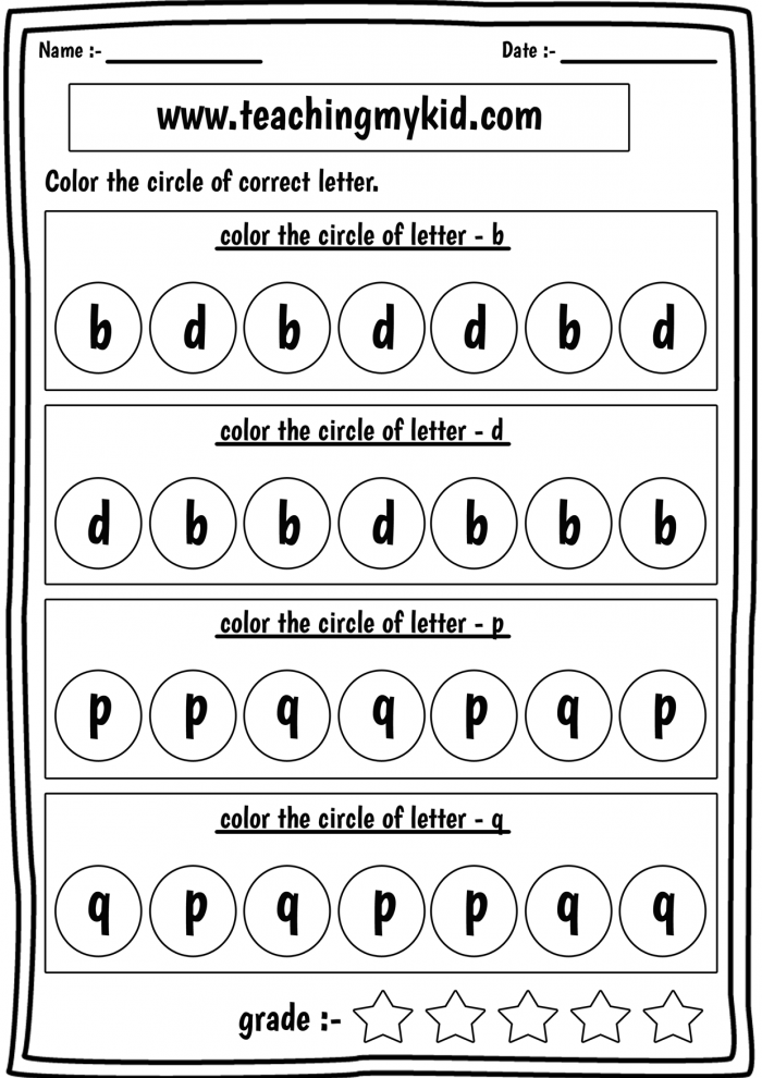 Child tracing lowercase letters b, d, and p on a handwriting practice worksheet with dotted lines and arrows showing proper letter formation