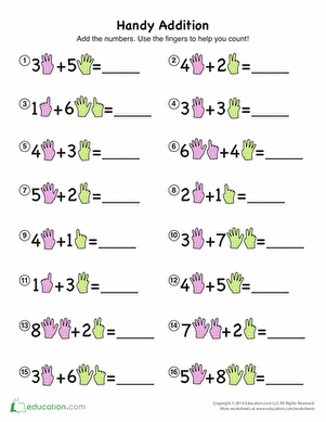 Worksheet featuring a child using fingers to solve addition problems for kindergarten. Handy Addition worksheet for practicing counting with fingers.