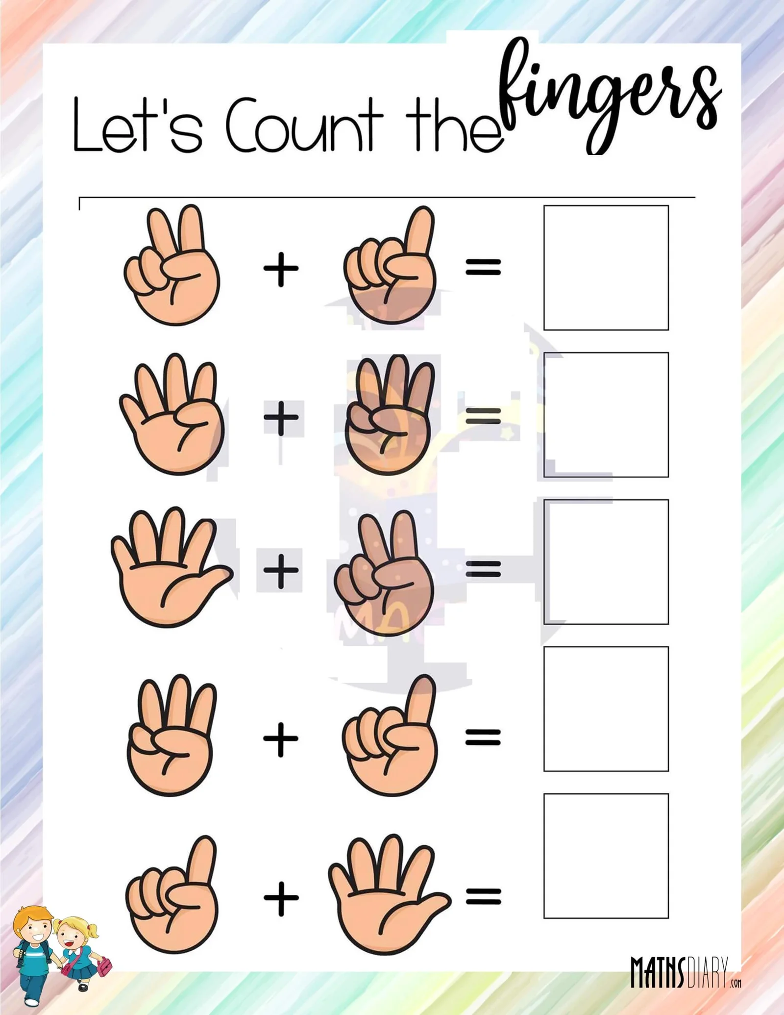 Handy Addition worksheet for kindergarteners to practice counting and addition using fingers