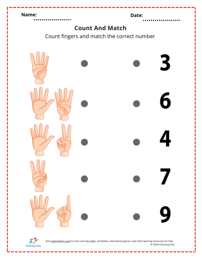 A kindergarten student using fingers to solve simple addition problems on a colorful worksheet