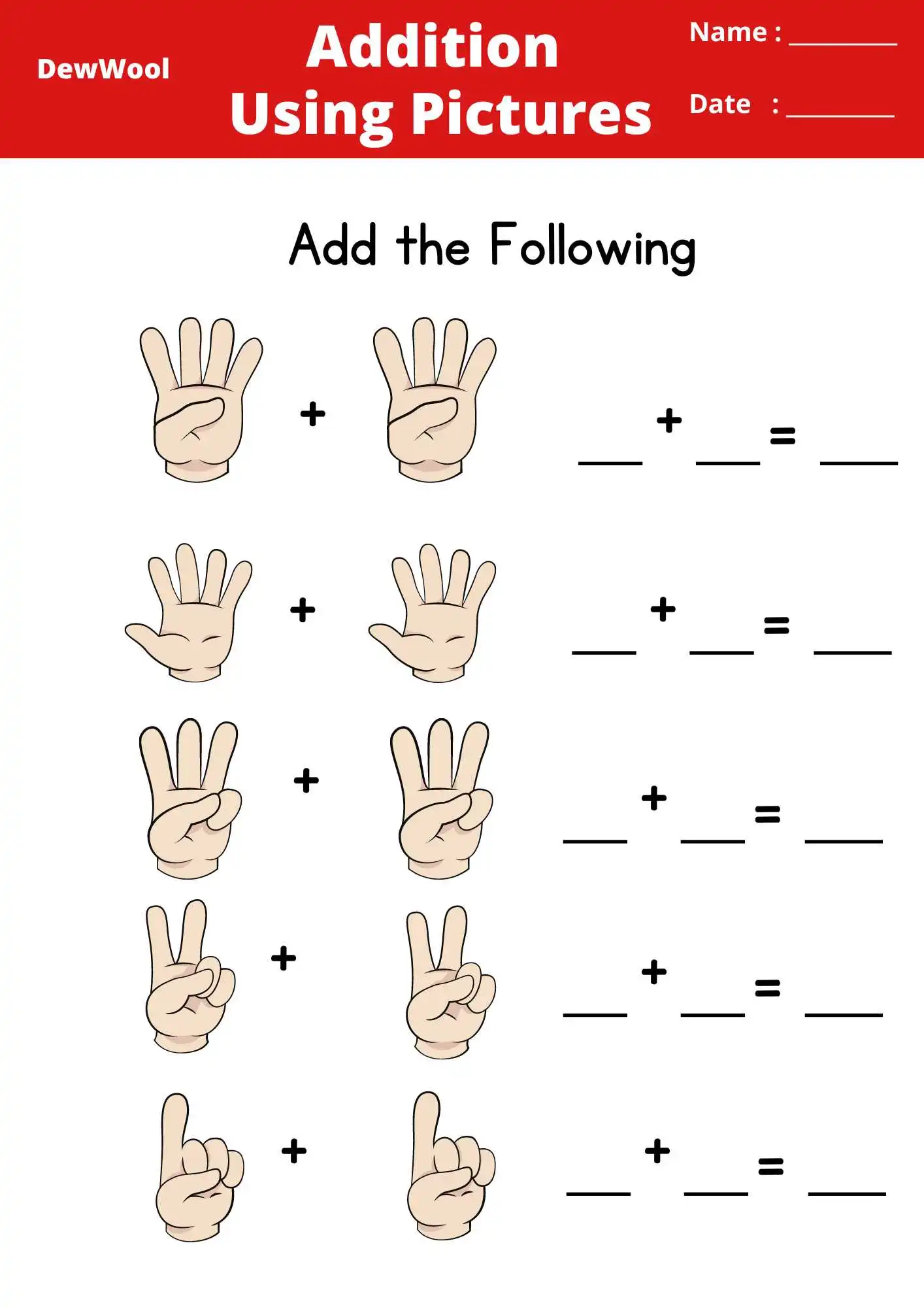 Kindergarten worksheet for practicing addition using fingers for counting