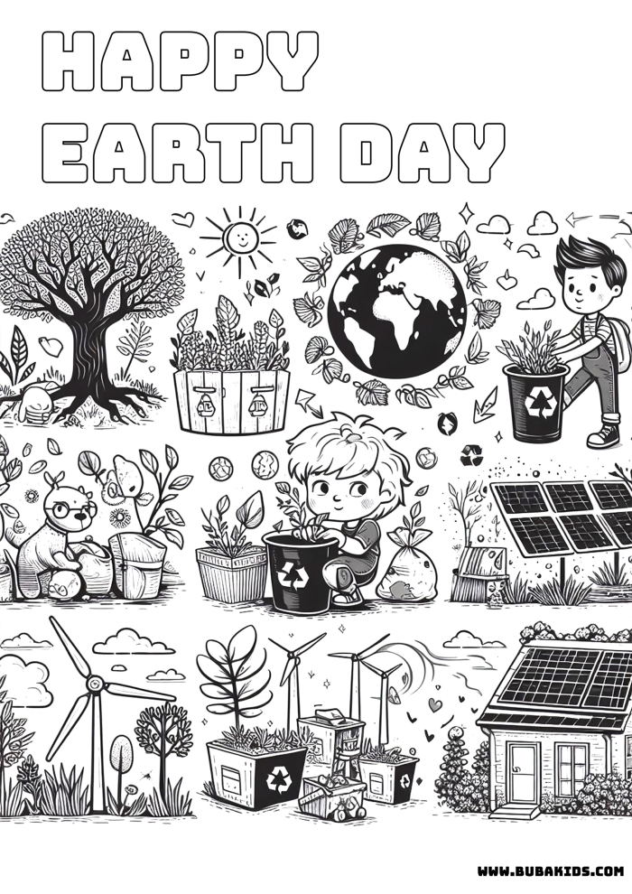 Happy Earth Day! Kindergarten addition worksheet with coloring and writing activities Coloring page for Earth Day featuring a drawing of Earth and a writing prompt for kids