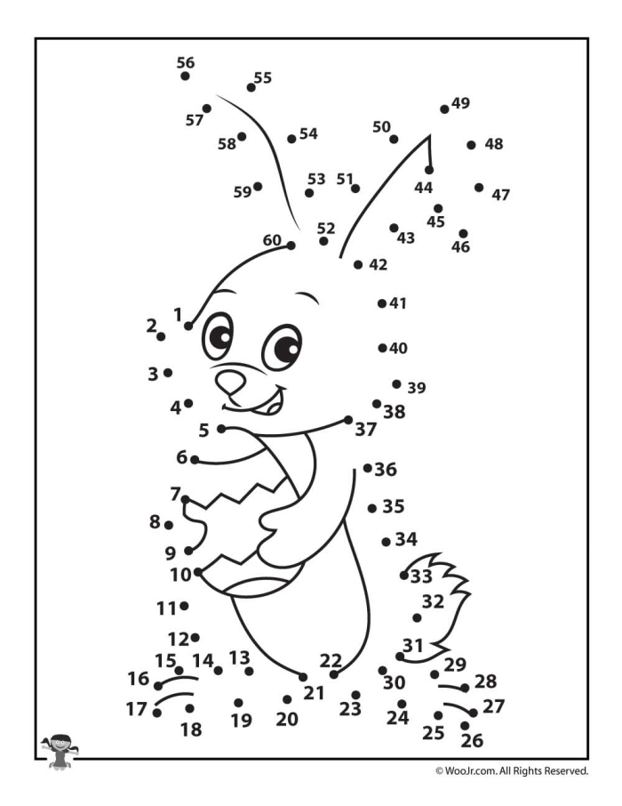Colorful Easter basket dot-to-dot activity for counting practice in preschool Happy Easter Dot-to-Dot worksheet for kindergarteners featuring an Easter basket