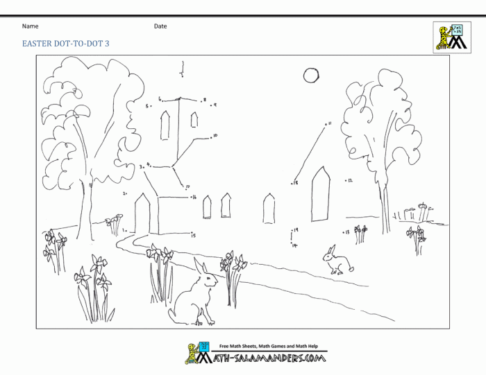 Engaging counting activity in the Happy Easter Dot-to-Dot worksheet for kids Happy Easter Dot-to-Dot worksheet for kindergarteners to discover an Easter basket surprise