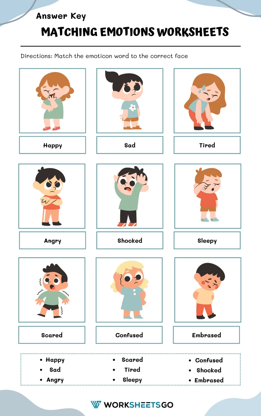 Fourth grade students completing a synonym matching worksheet about the emotions happy and excited