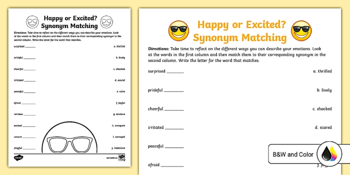 Children engaged in a synonym matching activity for "Happy" and "Excited" emotions
